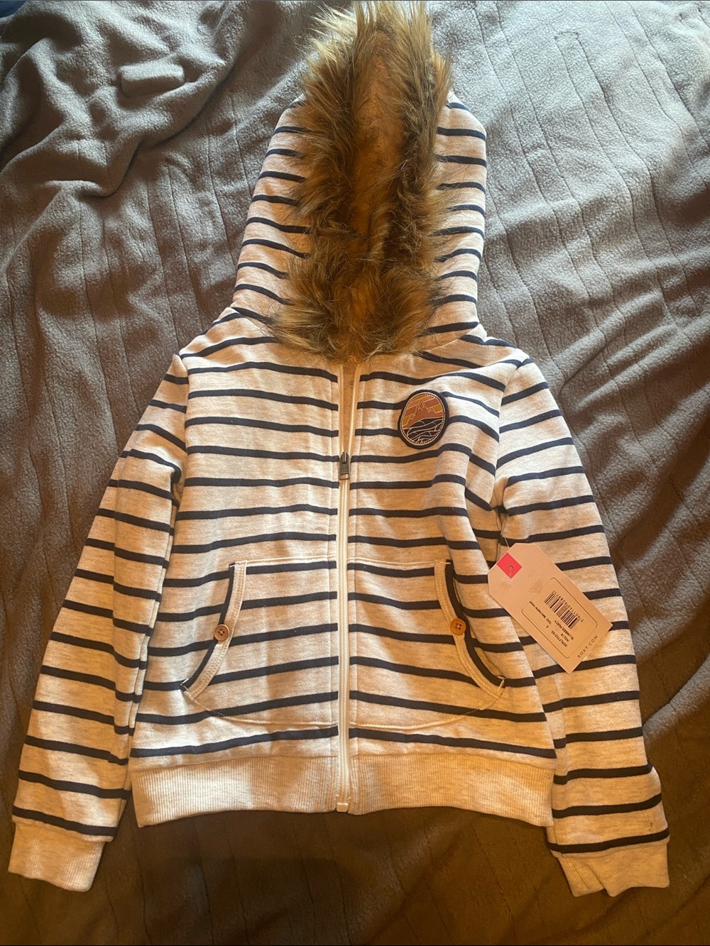 Roxy Girls Navy & White Striped Faux-Fur Hooded Zip Hoodie